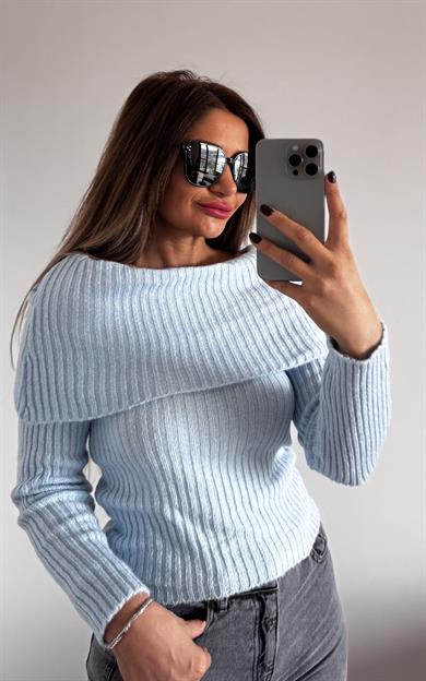 Ayarlanabilir Degaje Yaka Triko Bluz-Bebe Mavi