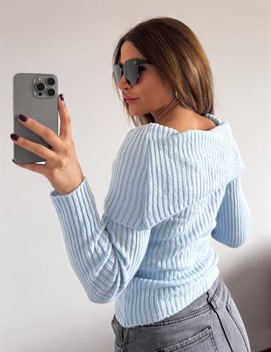 Ayarlanabilir Degaje Yaka Triko Bluz-Bebe Mavi