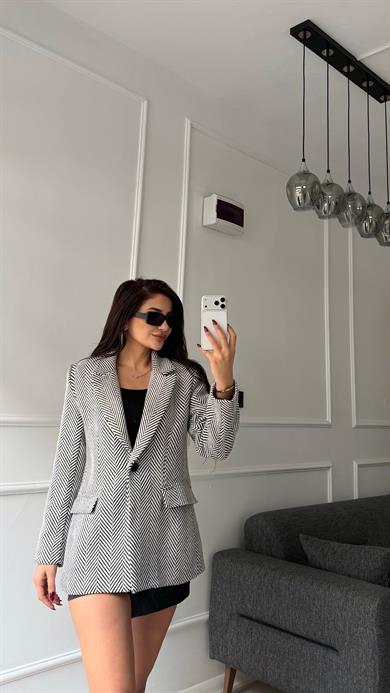 Balık Sırtı Desenli Blazer Kaşe Kumaş  Ceket - Siyah Beyaz