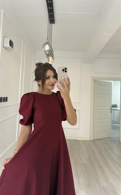 Balon Kol  Volanlı Atlas Kumaş Elbise-Bordo