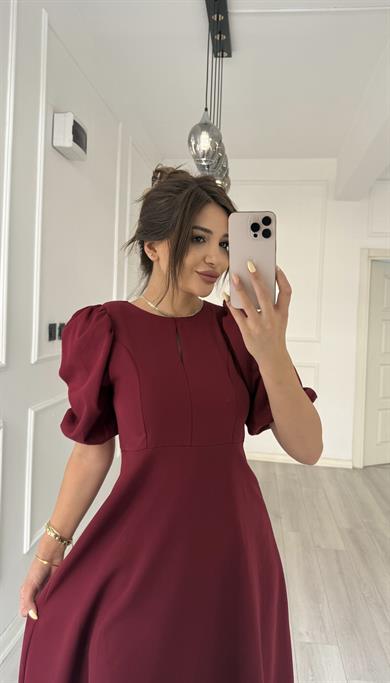 Balon Kol  Volanlı Atlas Kumaş Elbise-Bordo