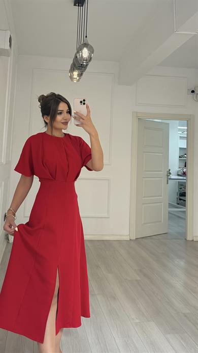 Balon Kol  Volanlı Atlas Kumaş Elbise-Kırmızı
