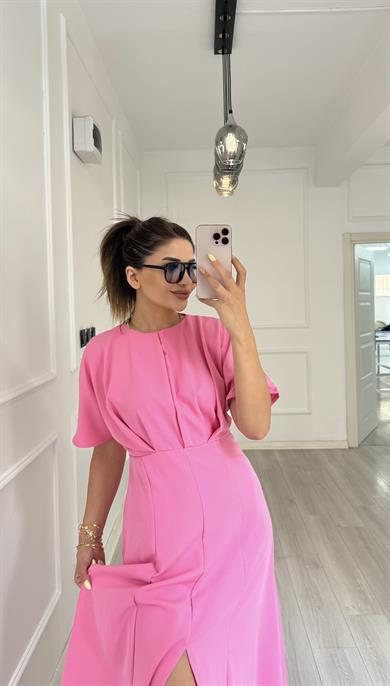 Balon Kol  Volanlı Atlas Kumaş Elbise-pembe