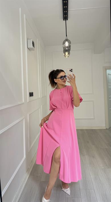Balon Kol  Volanlı Atlas Kumaş Elbise-pembe