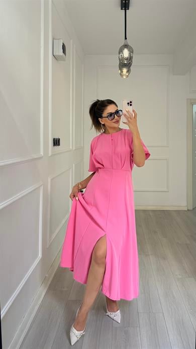 Balon Kol  Volanlı Atlas Kumaş Elbise-pembe