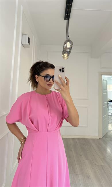 Balon Kol  Volanlı Atlas Kumaş Elbise-pembe