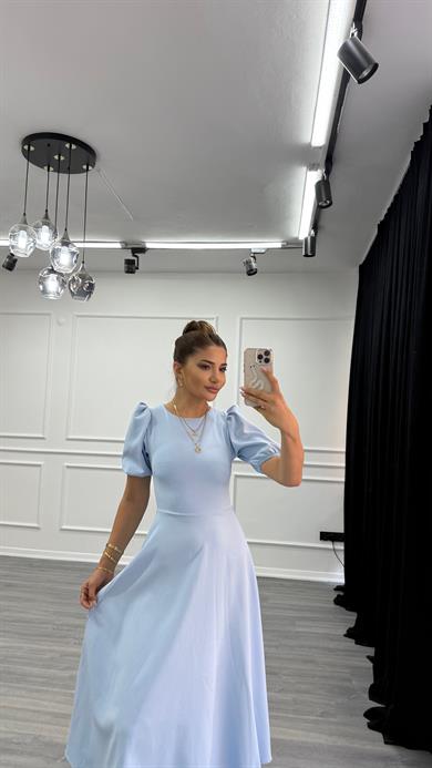 Bebe Mavi  Bisiklet Yaka Kısa Karpuz Kol Midi Boy Premium Elbise