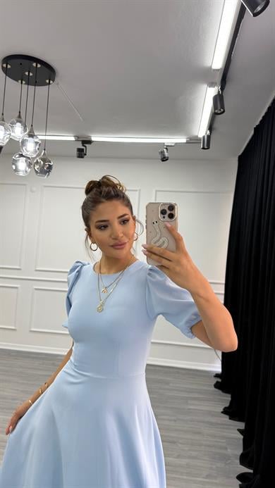 Bebe Mavi  Bisiklet Yaka Kısa Karpuz Kol Midi Boy Premium Elbise