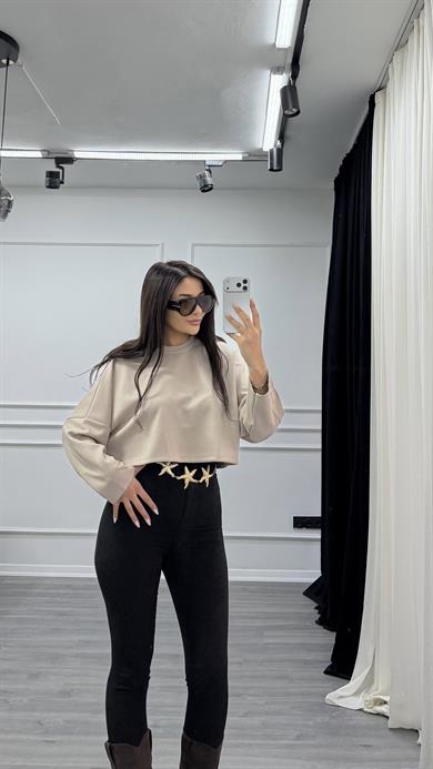 Bej  Bisiklet Yaka Oversize Sweatshirt