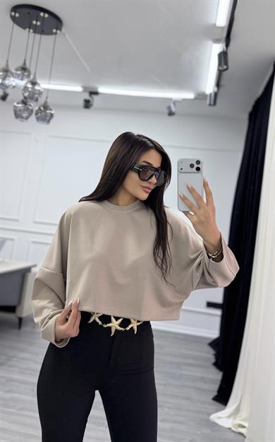 Bej  Bisiklet Yaka Oversize Sweatshirt
