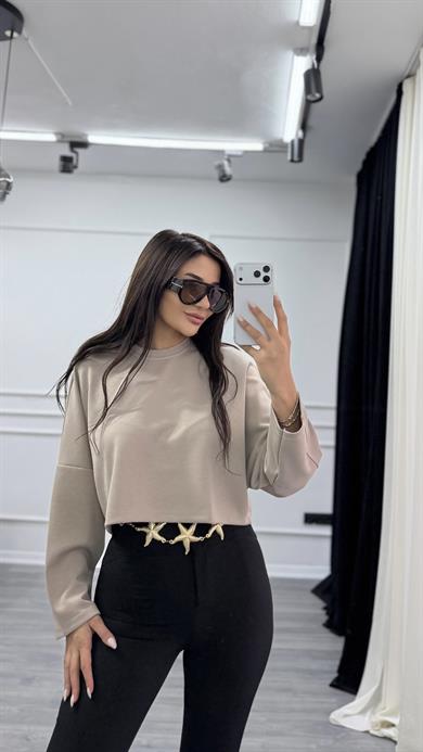 Bej  Bisiklet Yaka Oversize Sweatshirt