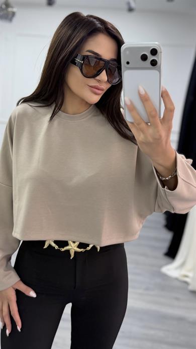 Bej  Bisiklet Yaka Oversize Sweatshirt