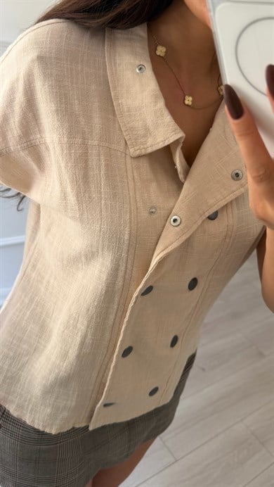 Bej Çift Çıtçıtlı Dik Yaka Keten Gömlek