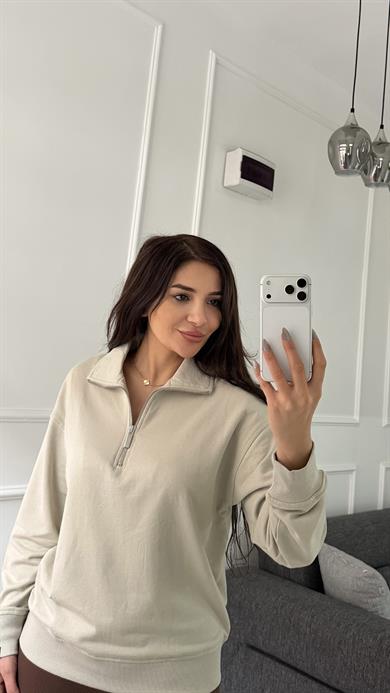 Bej Yarım Fermuarlı Yaka Swatshirt