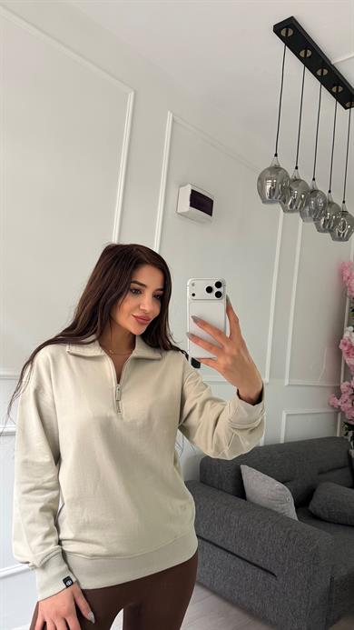 Bej Yarım Fermuarlı Yaka Swatshirt