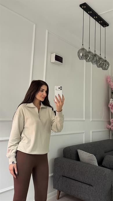 Bej Yarım Fermuarlı Yaka Swatshirt