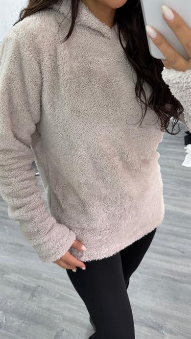 Bej Kapüşonlu Yumoş Oversize Peluş Sweatshirt