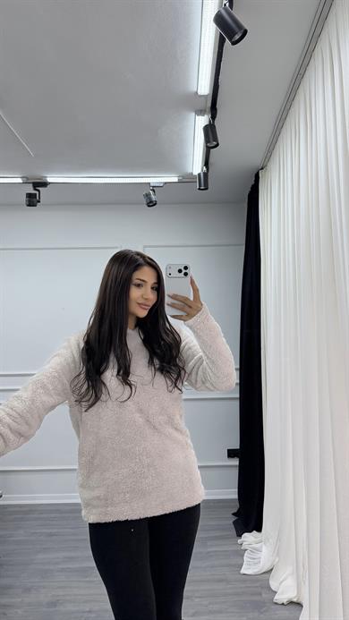 Bej Kapüşonlu Yumoş Oversize Peluş Sweatshirt