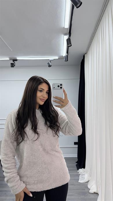 Bej Kapüşonlu Yumoş Oversize Peluş Sweatshirt