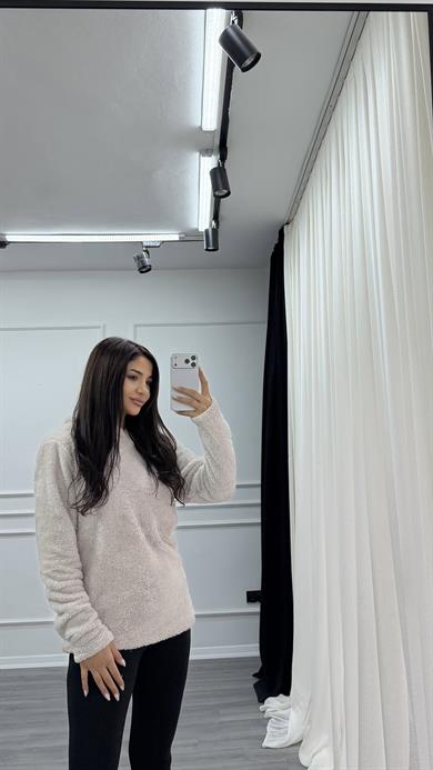 Bej Kapüşonlu Yumoş Oversize Peluş Sweatshirt