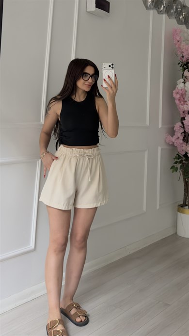 Bej Lastikli Keten Şort