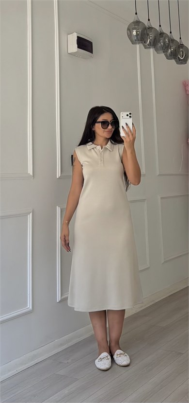 Bej Polo Yaka Sıfır Kol Uzun Elbise
