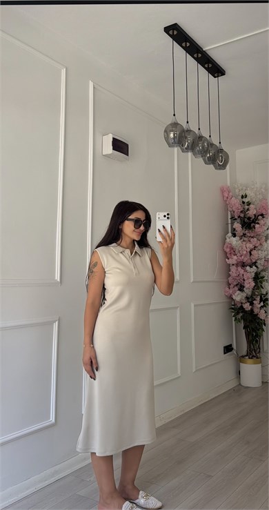 Bej Polo Yaka Sıfır Kol Uzun Elbise