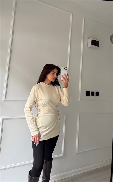 Bej Yandan Bağlamalı Uzun Bluz