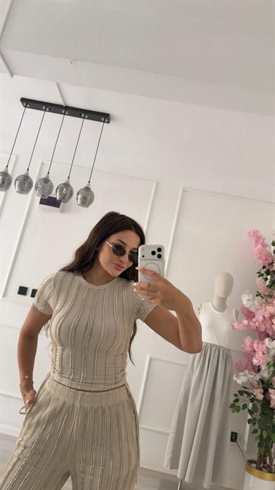 Bej Yanları Büzgülü Pantolon Takım