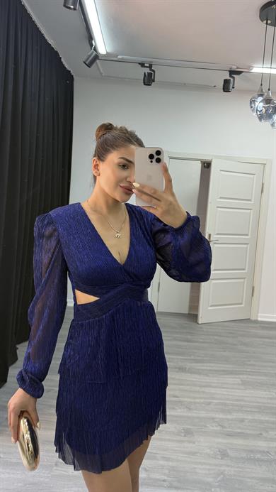 Bel Dekolteli  Simli Kumaş Abiye Elbise
