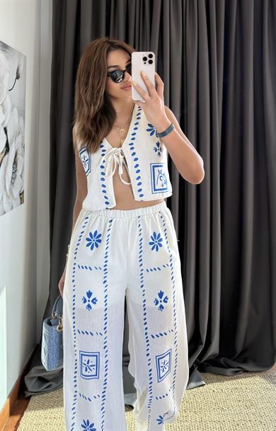Beli Lastikli Astarlı Pamuk keten beyaz Mavi Çiçekli Pantolon