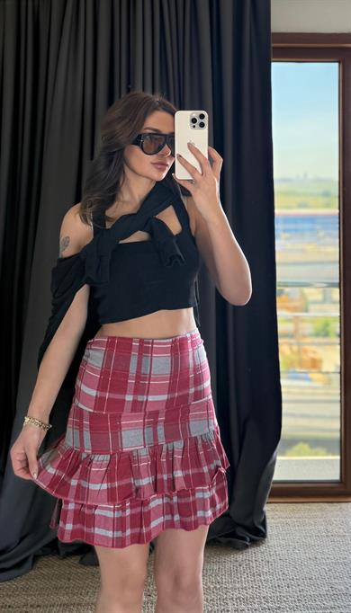 Beli Lastikli Ekose Mini Kareli Etek