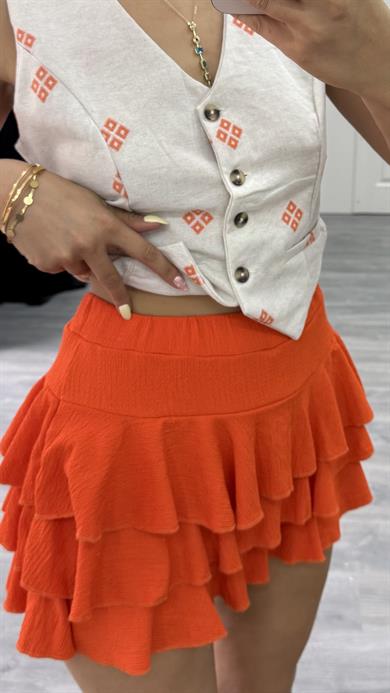Belli Lastıkli Fırfırlı Mini Şort Etek Oranj