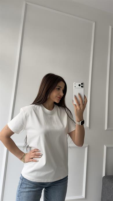 Beyaz %100 Cotton Kısa Kollu Bisiklet Yaka Tshirt