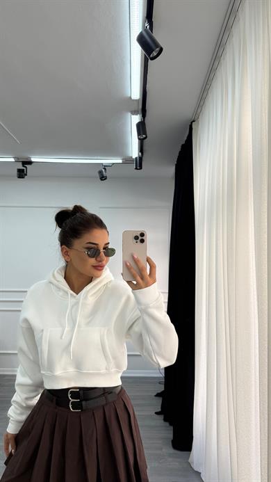 Beyaz Basic Fermuarlı Kapüşonlu Crop Kalın İçi Polarlı Örme Sweatshirt