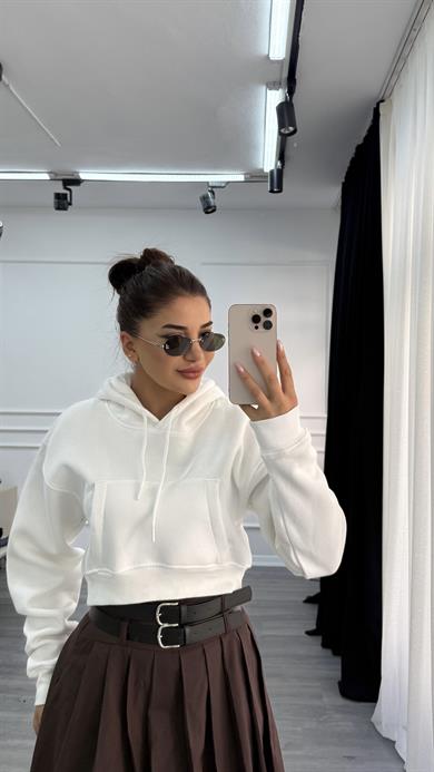 Beyaz Basic Fermuarlı Kapüşonlu Crop Kalın İçi Polarlı Örme Sweatshirt