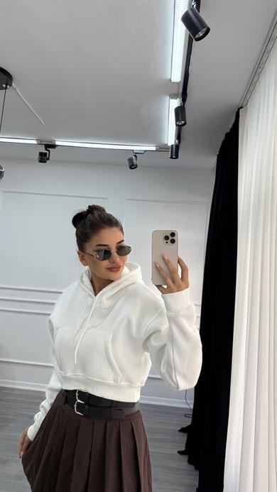 Beyaz Basic Fermuarlı Kapüşonlu Crop Kalın İçi Polarlı Örme Sweatshirt