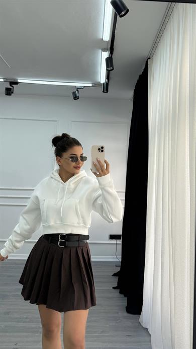 Beyaz Basic Fermuarlı Kapüşonlu Crop Kalın İçi Polarlı Örme Sweatshirt