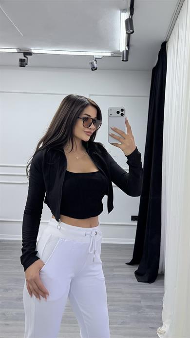 Beyaz Bel Bağlamalı Paçaları Lastikli Eşofman
