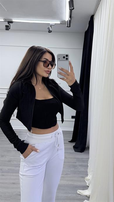Beyaz Bel Bağlamalı Paçaları Lastikli Eşofman