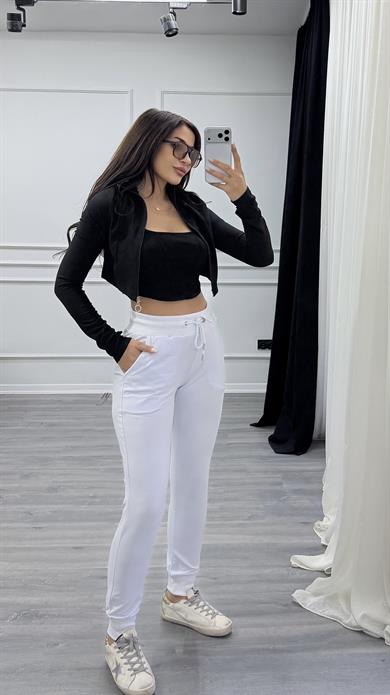Beyaz Bel Bağlamalı Paçaları Lastikli Eşofman