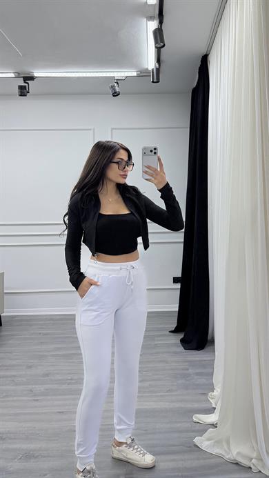 Beyaz Bel Bağlamalı Paçaları Lastikli Eşofman