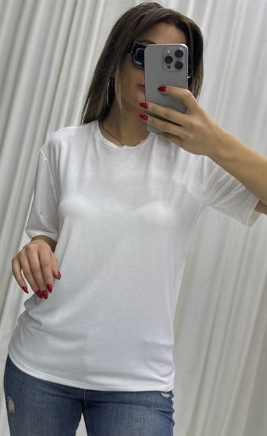 Beyaz Bisiklet Yaka T-Shirt