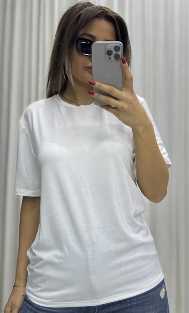 Beyaz Bisiklet Yaka T-Shirt