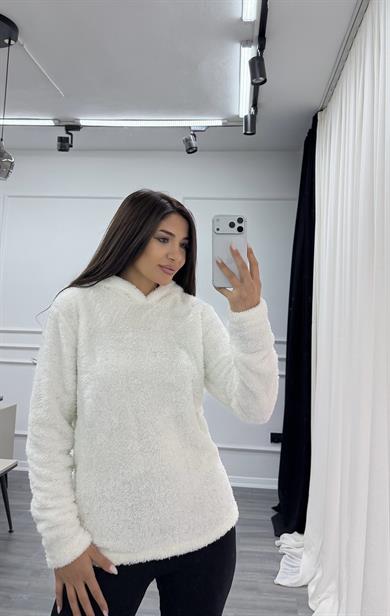 Beyaz Kapüşonlu Yumoş Oversize Peluş Sweatshirt