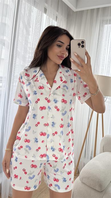 Beyaz Premium Kalite Gömlek Şortlu Meyve Desenli Pijama Takımı