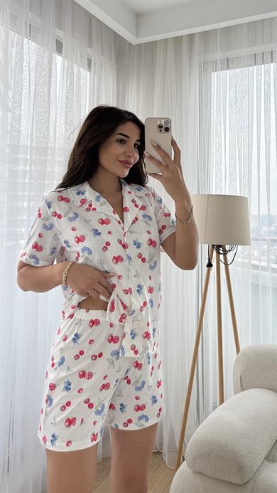 Beyaz Premium Kalite Gömlek Şortlu Meyve Desenli Pijama Takımı