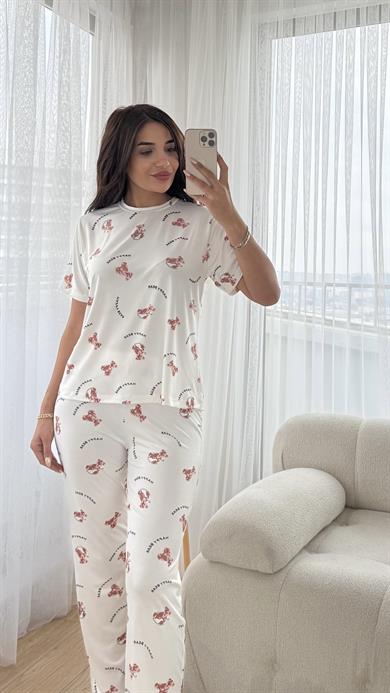 Beyaz Premium Kalite Kısa Kollu Ayıcık Desenli Pijama Takımı