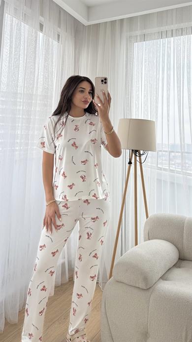 Beyaz Premium Kalite Kısa Kollu Ayıcık Desenli Pijama Takımı