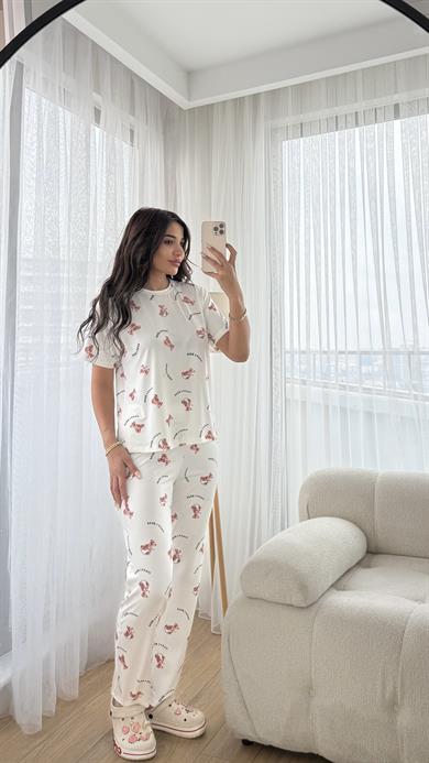 Beyaz Premium Kalite Kısa Kollu Ayıcık Desenli Pijama Takımı